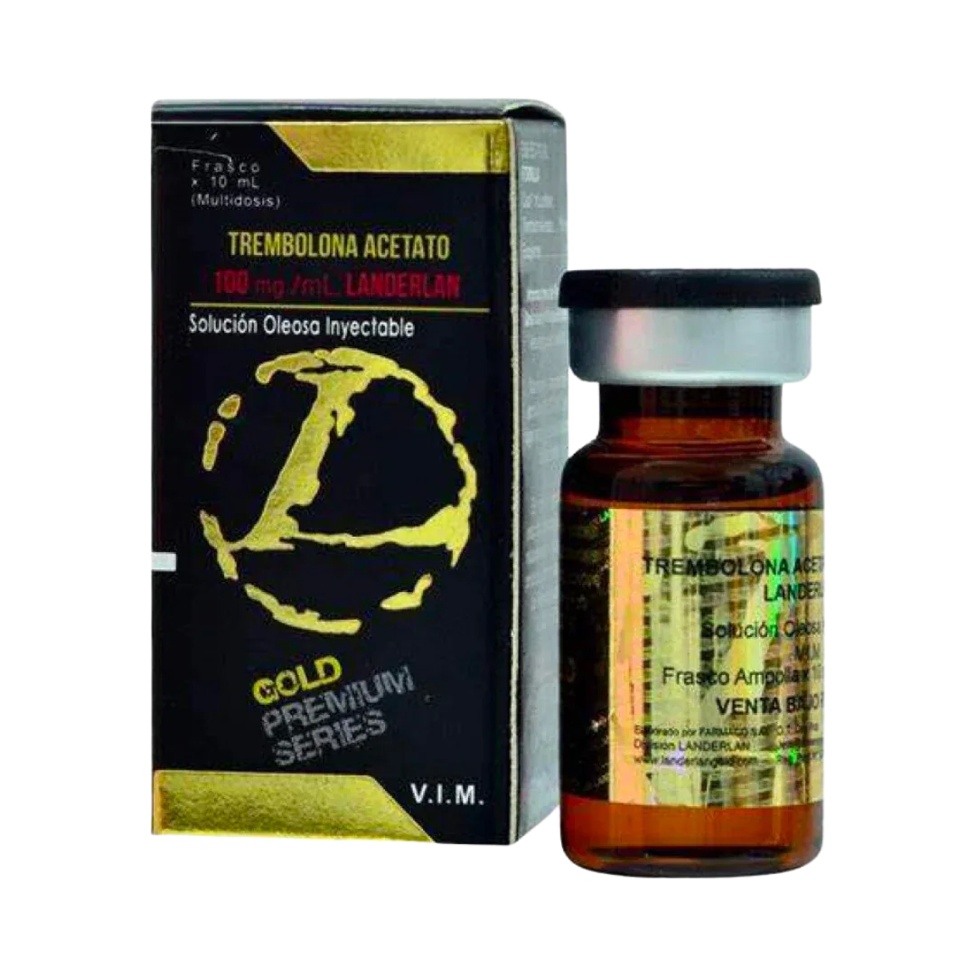 Un frasco de 10 ml de Trembolona Acetato de Landerlan, 100 mg/ml, viene en una elegante caja dorada y negra Gold Premium Series. El frasco, con tapa negra, contiene líquido ámbar a juego con el envase.