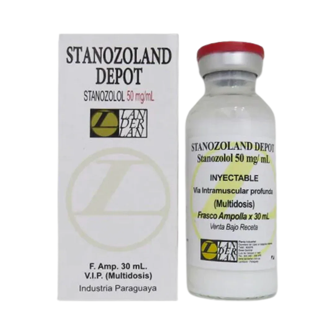 La imagen muestra una caja blanca y amarilla con un frasco ámpula de Stanozolol Depot - LANDERLAN. El frasco ámpula contiene 50 mg/mL de Stanozolol en un formato de 30 mL para inyecciones intramusculares profundas, etiquetado como Multidosis para uso con receta médica.