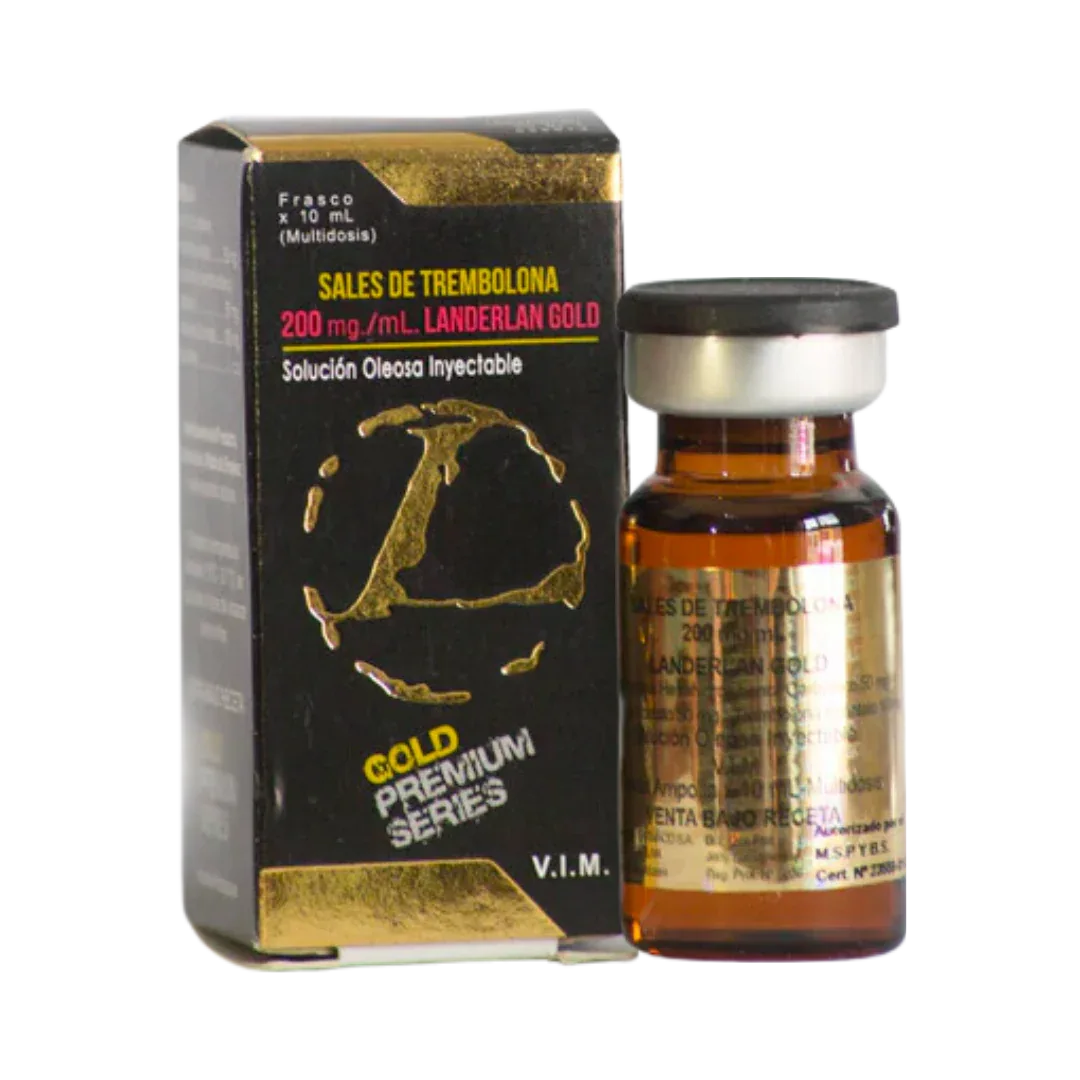 Un pequeño frasco de vidrio marrón de 10 ml con una tapa negra que dice Sales de Trembolona - LANDERLAN, 200 mg/mL se encuentra junto a una elegante caja negra y dorada. El envase tiene fuentes llamativas y un logotipo estilizado que se asemeja a un emblema circular.