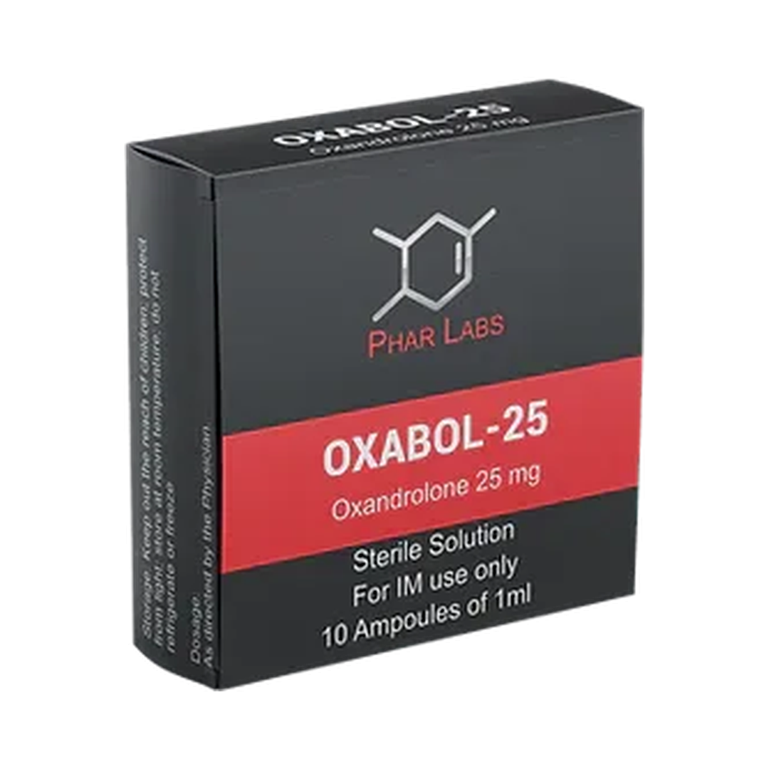 Caja de Oxabol 25 de Phar Labs, etiquetada como Oxandrolona 25mg, contiene una solución estéril para uso intramuscular con 10 ampolletas de 1 ml cada una. El empaque tiene un diseño en negro y rojo con un gráfico molecular encima del nombre de la marca.