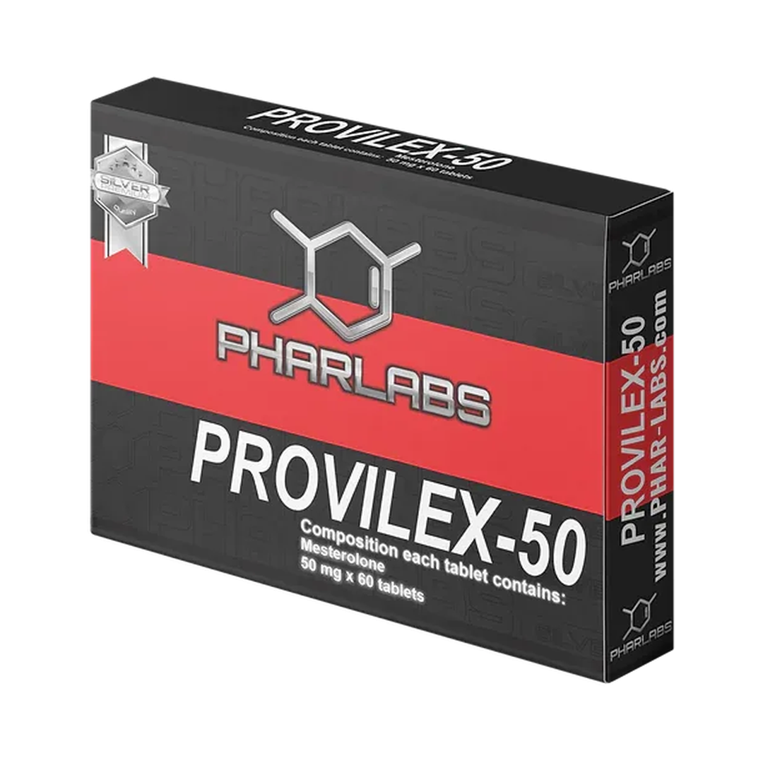 La imagen muestra una caja negra y roja de Provilex 50 - PHAR LABS, con texto plateado, un gráfico de hélice de ADN y una cinta plateada con una marca de verificación en la parte superior izquierda. Cada comprimido contiene 50 mg de Mesterolona. El fondo es blanco.