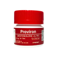 Un pequeño envase de plástico blanco con tapa roja, con la etiqueta “Proviron – ROTTERDAM” de Get Fit México, muestra de forma destacada “Mesterolona 25 mg” y la leyenda “Comprimidos orales, 50 comprimidos”. Un código QR en el lado derecho garantiza un acceso rápido a la información esencial.