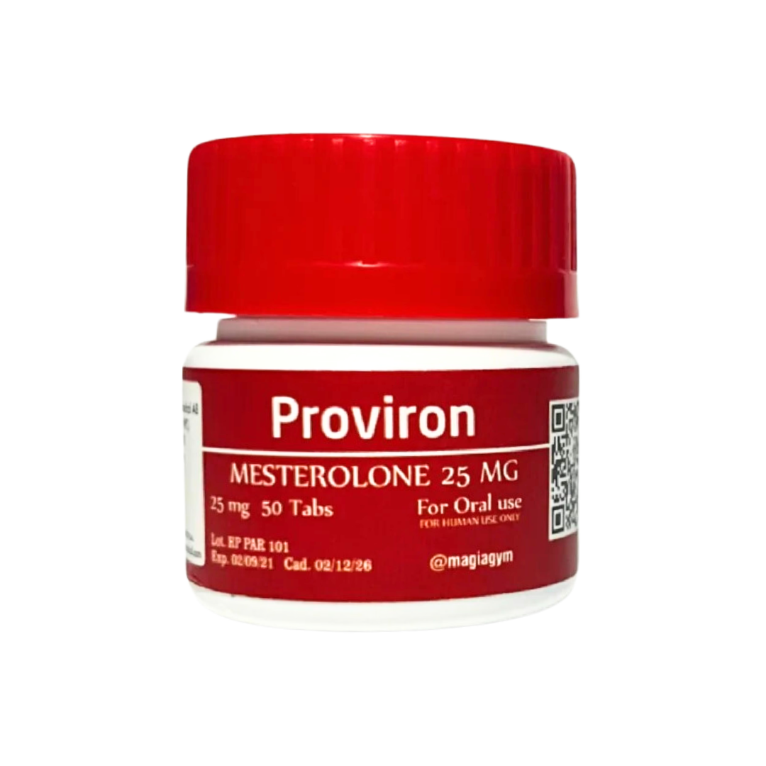 Un pequeño envase de plástico blanco con tapa roja, con la etiqueta “Proviron – ROTTERDAM” de Get Fit México, muestra de forma destacada “Mesterolona 25 mg” y la leyenda “Comprimidos orales, 50 comprimidos”. Un código QR en el lado derecho garantiza un acceso rápido a la información esencial.