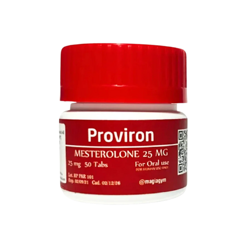 Un pequeño envase de plástico blanco con tapa roja, con la etiqueta “Proviron – ROTTERDAM” de Get Fit México, muestra de forma destacada “Mesterolona 25 mg” y la leyenda “Comprimidos orales, 50 comprimidos”. Un código QR en el lado derecho garantiza un acceso rápido a la información esencial.