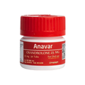 El pequeño frasco blanco con tapa de rosca roja que dice Anavar - ROTTERDAM de Get Fit México contiene oxandrolona 25 mg. La etiqueta dice 25 mg 50 tabletas y Para uso oral en rojo y blanco, con fecha de vencimiento, fechas de catálogo, un código QR y datos de contacto en el costado.