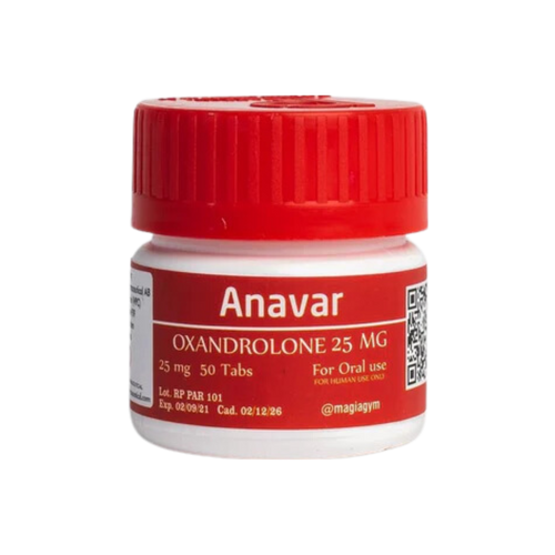 El pequeño frasco blanco con tapa de rosca roja que dice Anavar - ROTTERDAM de Get Fit México contiene oxandrolona 25 mg. La etiqueta dice 25 mg 50 tabletas y Para uso oral en rojo y blanco, con fecha de vencimiento, fechas de catálogo, un código QR y datos de contacto en el costado.