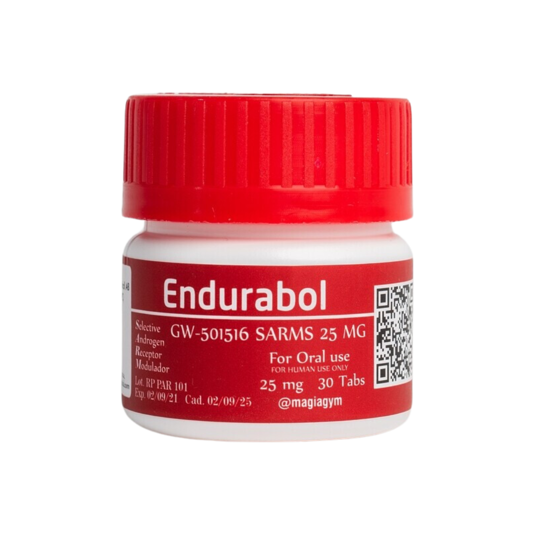 Una pequeña botella blanca con una tapa roja etiquetada Endurabol - ROTTERDAM de Get Fit México presenta de manera destacada GW-501516 SARMS 25 mg, especifica Para uso oral. Solo para uso humano, resalta 30 tabletas, incluye un código QR y muestra la frase Modulador selectivo del receptor de andrógenos.