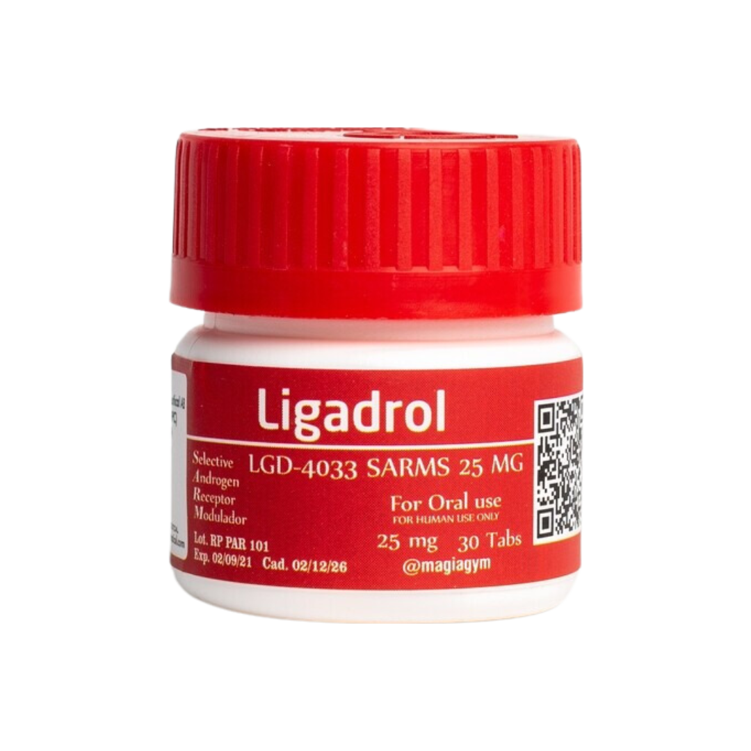 Un pequeño envase con tapa roja de Ligadrol - ROTTERDAM de Get Fit México tiene una etiqueta que dice SARMS 25 MG y especifica Para uso oral, y contiene 30 comprimidos. Dice Modulador selectivo del receptor de andrógenos y cuenta con un código QR para obtener más detalles.