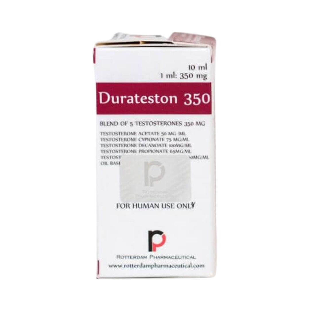 La imagen muestra una caja de Durateston 350 - ROTTERDAM de Get Fit México. Tiene detalles en rojo, un volumen de 10 ml y una concentración de 350 mg/ml de testosterona en forma de aceite con cinco tipos de testosterona. La etiqueta especifica Solo para uso humano y el logotipo de Rotterdam Pharmaceutical es visible en la parte inferior.