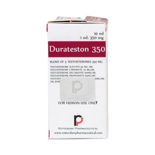 La imagen muestra una caja de Durateston 350 - ROTTERDAM de Get Fit México. Tiene detalles en rojo, un volumen de 10 ml y una concentración de 350 mg/ml de testosterona en forma de aceite con cinco tipos de testosterona. La etiqueta especifica Solo para uso humano y el logotipo de Rotterdam Pharmaceutical es visible en la parte inferior.