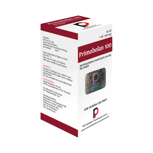 El Primobolan 100 - ROTTERDAM de Get Fit México contiene 100 mg de enantato de metenolona en un vial a base de aceite, con advertencias sobre la exposición a la luz y al calor. Requiere receta médica y cuenta con un sello holográfico de autenticidad, marcado como Solo para uso humano.