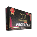 La imagen muestra una elegante caja rectangular negra de Provilex 50 - PHAR LABS PREMIUM de Get Fit México, con detalles en dorado, rosa y blanco. Presenta un gráfico de estructura química hexagonal y detalla la composición como Mesterolona - Oral 50 mg con 60 comprimidos por paquete.