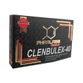 La elegante caja negra de Clenbulex 40 de Get Fit México presenta diseños geométricos en dorado metálico y rojo. Contiene 60 tabletas de clorhidrato de clenbuterol, cada una con una dosis oral de 40 mg.