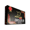 La imagen muestra una caja de Dbolex 20 - PHAR LABS PREMIUM de Get Fit México, con un elegante empaque negro con detalles en dorado y rojo, diseños geométricos y texto. Cada tableta contiene 20 mg de Metandienona, lo que hace un total de 60 tabletas en la caja.