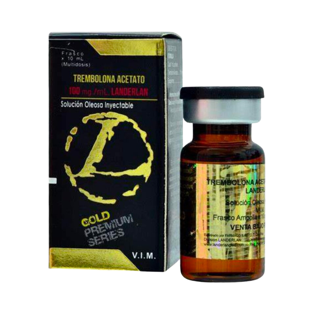 Un frasco de 10 ml de Trembolona Acetato de Landerlan de Get Fit México, 100 mg/ml, viene en una elegante caja dorada y negra Gold Premium Series. El frasco, con tapa negra, contiene líquido ámbar a juego con el envase.