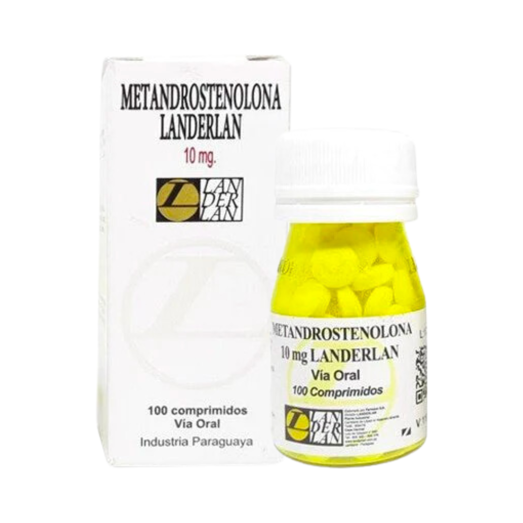 El empaque blanco y amarillo de Dianabol - LANDERLAN de Get Fit México incluye una caja blanca etiquetada Metandrostenolona Landerlan 10 mg y un frasco transparente con una tapa blanca que contiene 100 tabletas amarillas, comprimidos orales de Paraguay, siendo cada tableta Metandrostenolona 10 mg.