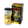Un vial de líquido amarillo marcado Get Fit Mexico Masteron - LANDERLAN 100 mg/mL se encuentra al lado de una caja negra/amarilla con un mapa del mundo y la etiqueta Gold Premium Series, que indica que es Drostenolona Propionato 100 mg/mL Landerlan Solución Oleosa Inyectable 10 mL.