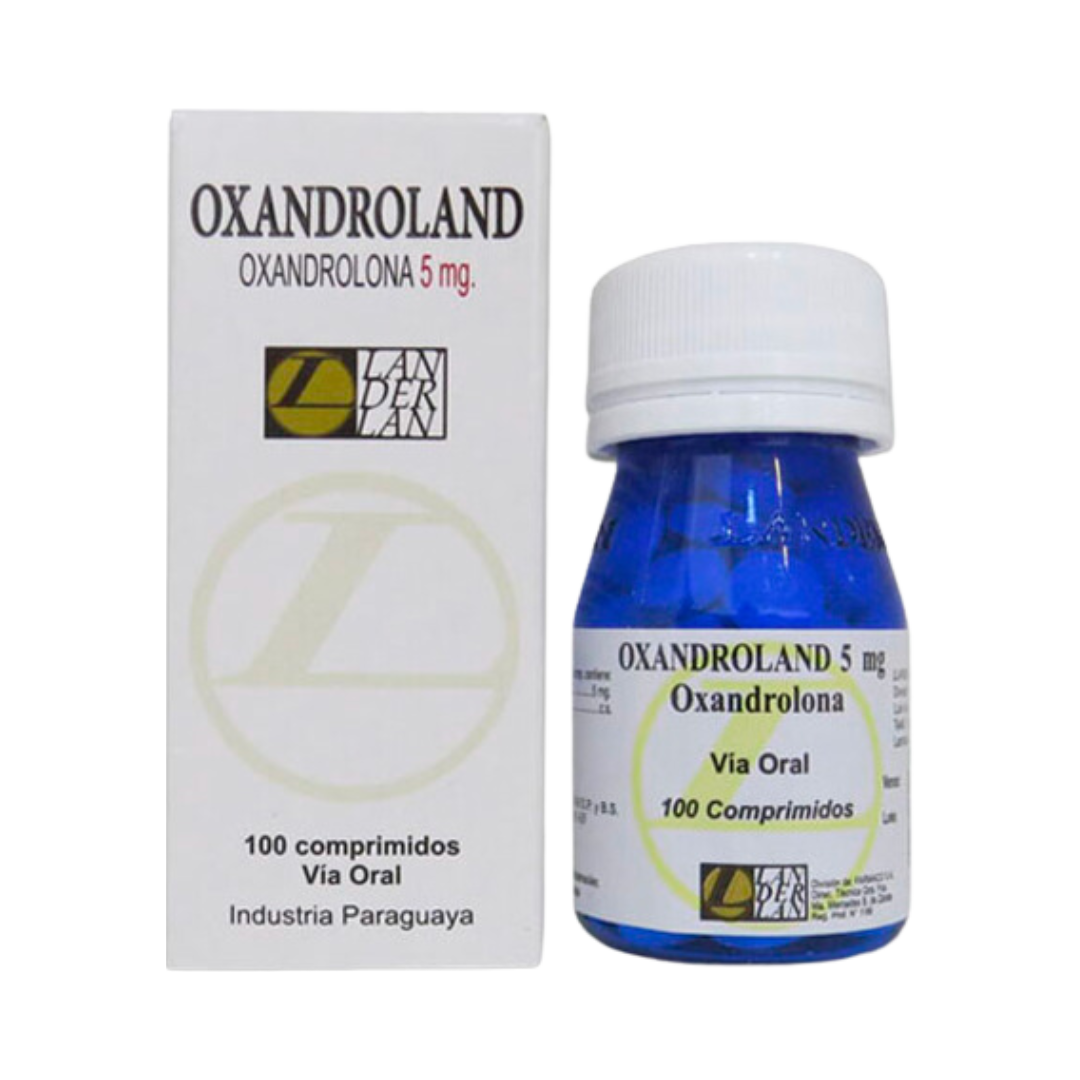 La imagen muestra una caja y un frasco de Oxandroland - LANDERLAN de Get Fit México. La caja blanca con texto negro tiene un logotipo y dice: Oxandrolona 5 mg, 100 comprimidos, Via Oral, Industria Paraguaya. El frasco azul tiene una tapa blanca con etiquetas a juego.