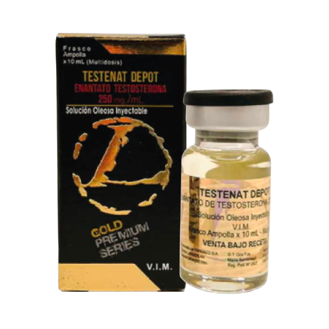 Se muestra un pequeño frasco de vidrio con la etiqueta Enantato - LANDERLAN y su caja, de la marca Get Fit México. Ambos presentan llamativos colores dorado y negro con texto en rojo y amarillo. Destacado por la Serie Gold Premium, presume de 250 mg/1 ml. El frasco contiene un líquido transparente.