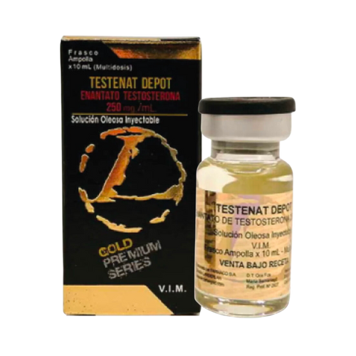 Se muestra un pequeño frasco de vidrio con la etiqueta Enantato - LANDERLAN y su caja, de la marca Get Fit México. Ambos presentan llamativos colores dorado y negro con texto en rojo y amarillo. Destacado por la Serie Gold Premium, presume de 250 mg/1 ml. El frasco contiene un líquido transparente.