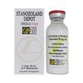 La imagen muestra una caja blanca y amarilla con un frasco ámpula de Stanozolol Depot - LANDERLAN de Get Fit México. El frasco ámpula contiene 50 mg/mL de Stanozolol en un formato de 30 mL para inyecciones intramusculares profundas, etiquetado como Multidosis para uso con receta médica.