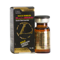 Un pequeño frasco de vidrio marrón de 10 ml con una tapa negra que dice Sales de Trembolona - LANDERLAN, 200 mg/mL se encuentra junto a una elegante caja negra y dorada que dice Get Fit Mexico. El envase tiene fuentes llamativas y un logotipo estilizado que se asemeja a un emblema circular.