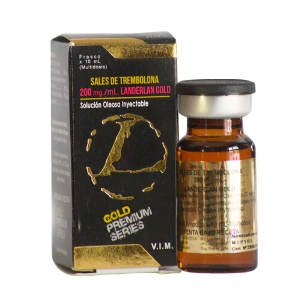 Un pequeño frasco de vidrio marrón de 10 ml con una tapa negra que dice Sales de Trembolona - LANDERLAN, 200 mg/mL se encuentra junto a una elegante caja negra y dorada que dice Get Fit Mexico. El envase tiene fuentes llamativas y un logotipo estilizado que se asemeja a un emblema circular.