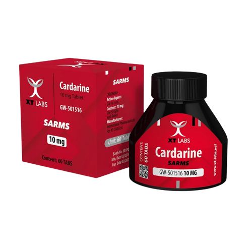 El envase rojo y negro de Cardarine - XT LABS de Get Fit México presenta XT Labs y Cardarine 10 mg Tablet en una caja rectangular, detallando el agente activo. El frasco refleja este diseño, destacando el papel de Cardarine en el metabolismo de las lipoproteínas a través de la activación del receptor PPAR.