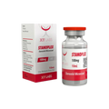 Una caja roja y blanca y un vial con tapa plateada de Stanoplex - XT LABS de Get Fit México muestran Stanoplex con detalles de la dosis: 100 mg, 10 ml, estanozolol micronizado. Ambos artículos presentan un logotipo rojo que resalta su papel en el ámbito de los esteroides anabólicos.