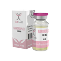 Una caja blanca y rosada con la etiqueta Nandroplex - XT LABS se encuentra junto a un frasco de 10 ml con una tapa rosa; ambos tienen la marca de Get Fit México para Fenilpropionato de Nandrolona, un esteroide anabólico. Los detalles de fabricación están en alemán y la caja incluye un código de barras.
