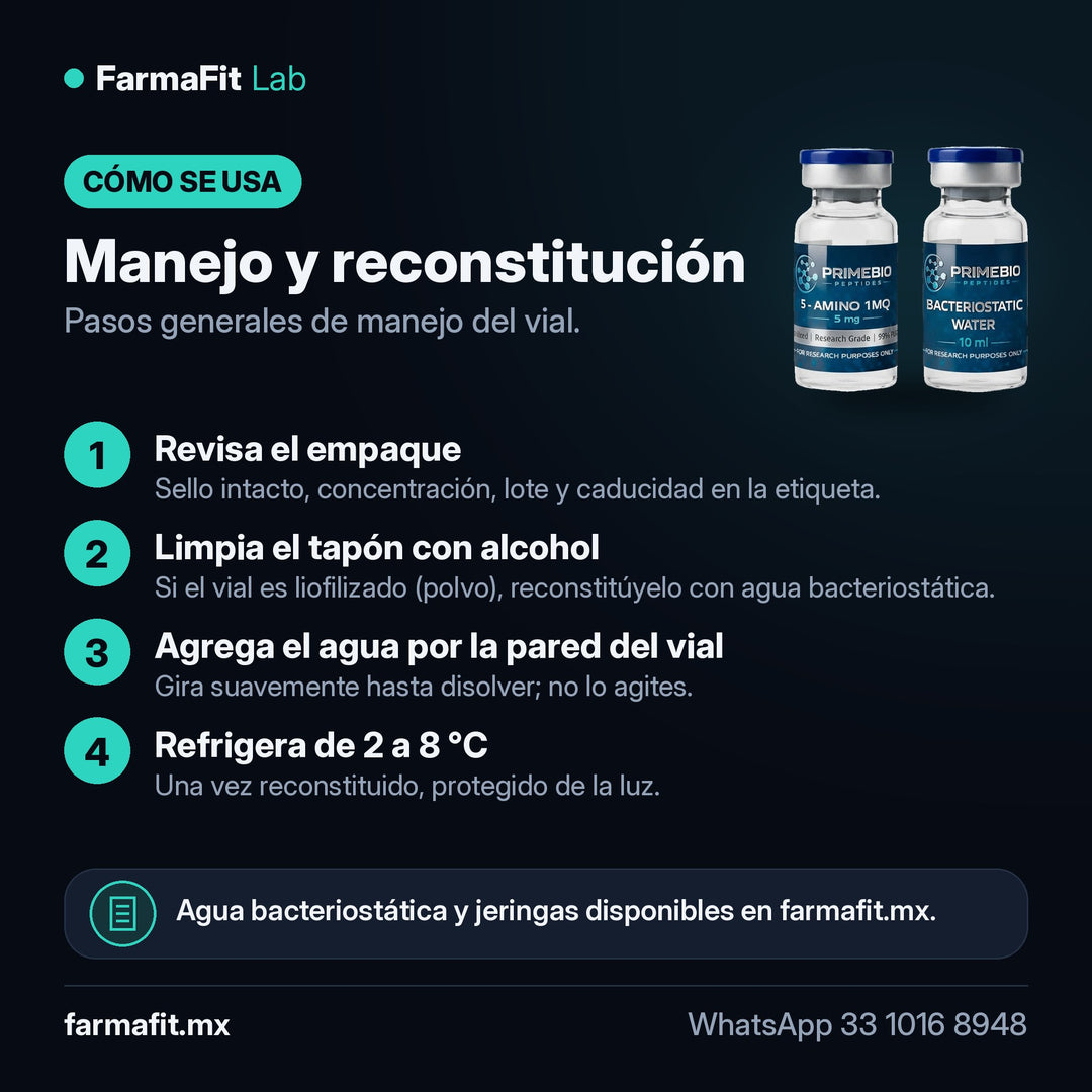 Manejo y reconstitución: Preventa · 5-Amino-1MQ 5 mg Péptido Vial - PRIME BIO