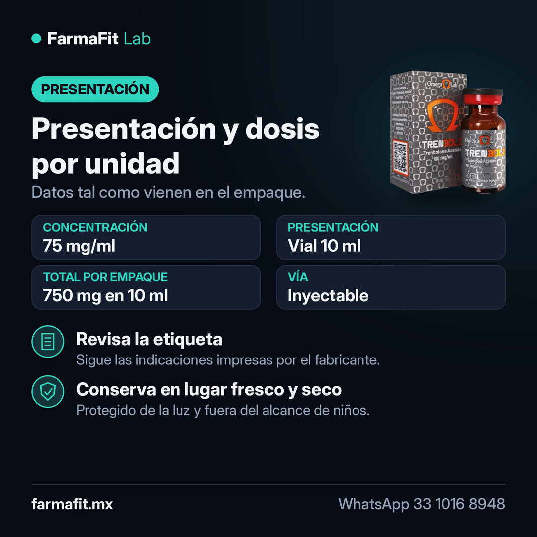 Presentación y dosis por unidad: Acetato de Trembolona 75 mg/ml Trembold Vial 10 ml - OMEGA LAB