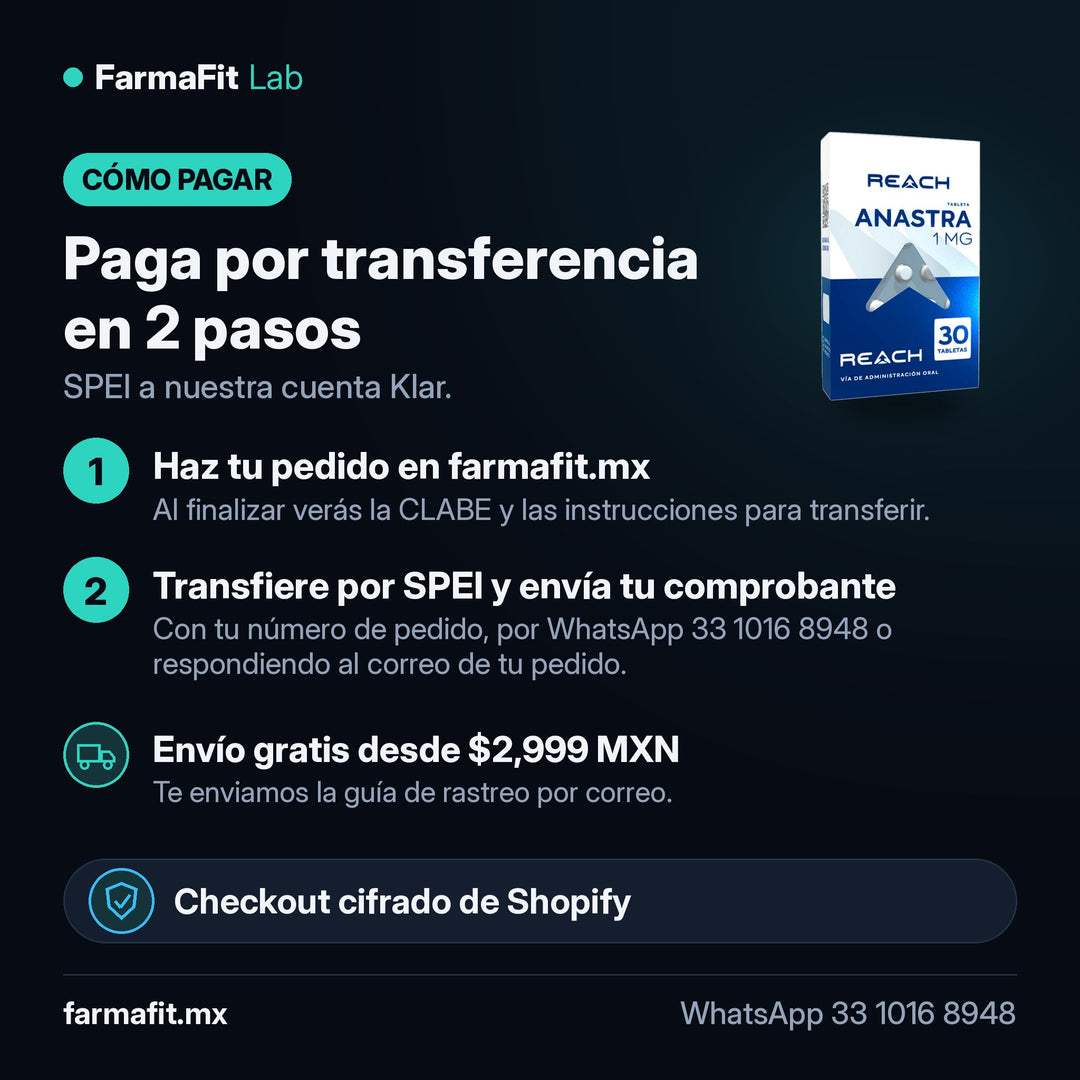 Cómo pagar por transferencia SPEI: Anastrozol 1 mg Anastra 1 30 Tabletas - REACH PHARMACEUTICAL – FarmaFit
