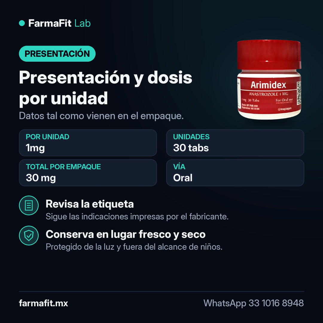 Presentación y dosis por unidad: Anastrozol Arimidex 1mg 30 Tabs Inhibidor Aromatasa - ROTTERDAM PHARMACEUTICAL