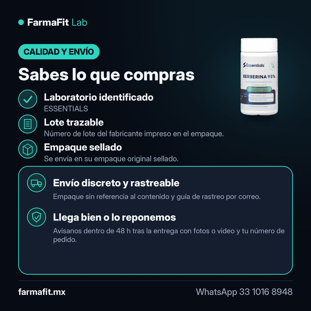 Calidad y envío: Berberina 95% 500mg 120 Cápsulas - ESSENTIALS – FarmaFit