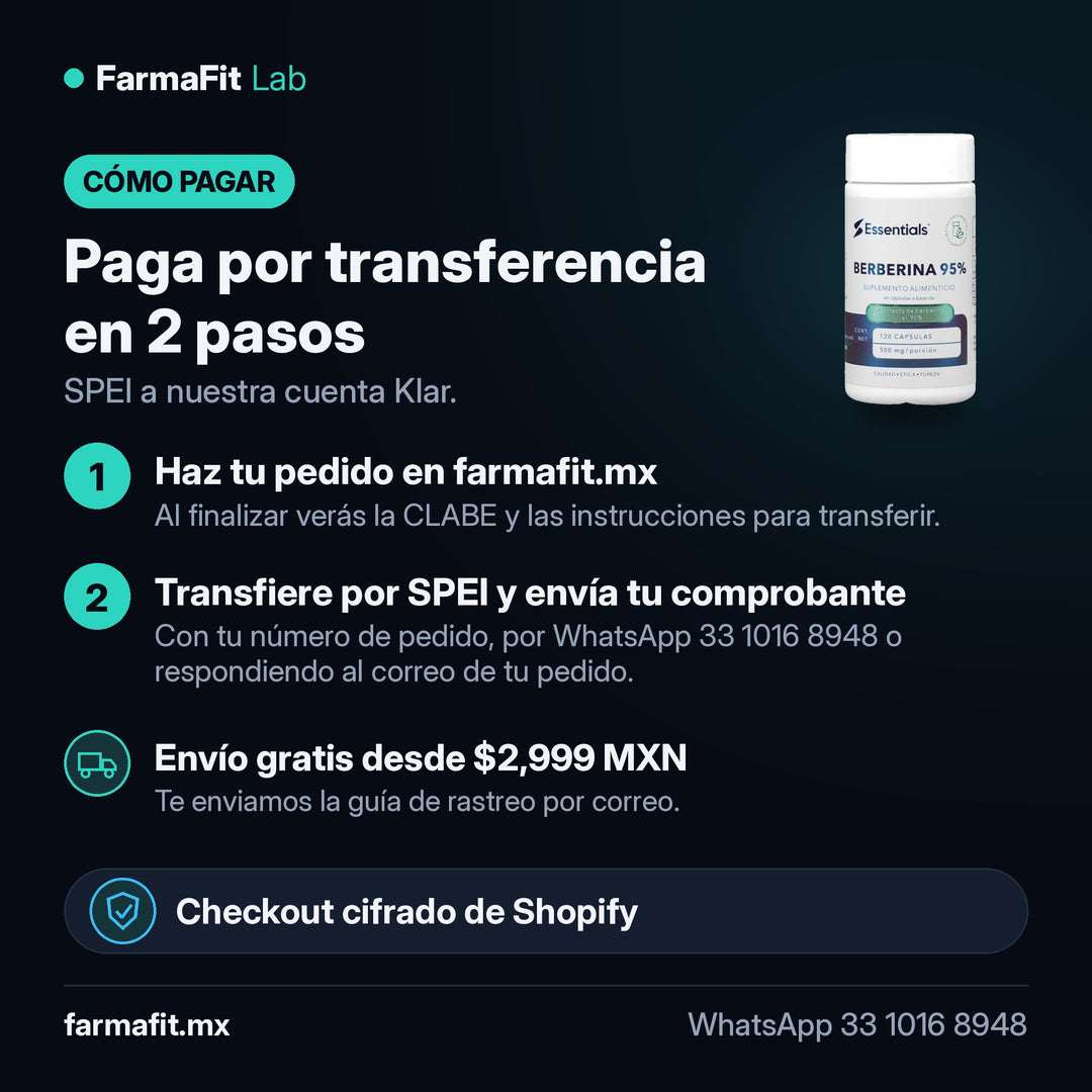 Cómo pagar por transferencia SPEI: Berberina 95% 500mg 120 Cápsulas - ESSENTIALS – FarmaFit