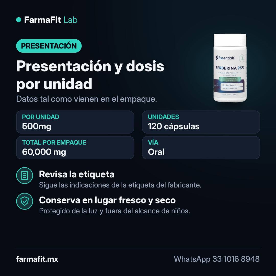 Presentación y dosis por unidad: Berberina 95% 500mg 120 Cápsulas - ESSENTIALS