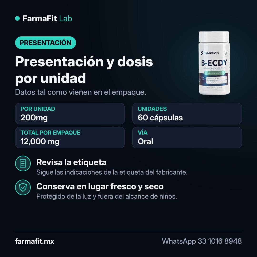Presentación y dosis por unidad: Beta Ecdisterona 90% 200mg 60 Cápsulas - ESSENTIALS