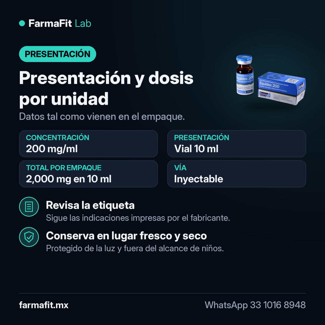 Presentación y dosis por unidad: Boldenona Undecilenato 200 mg/ml Equidex Vial 10 ml - SCIROXX