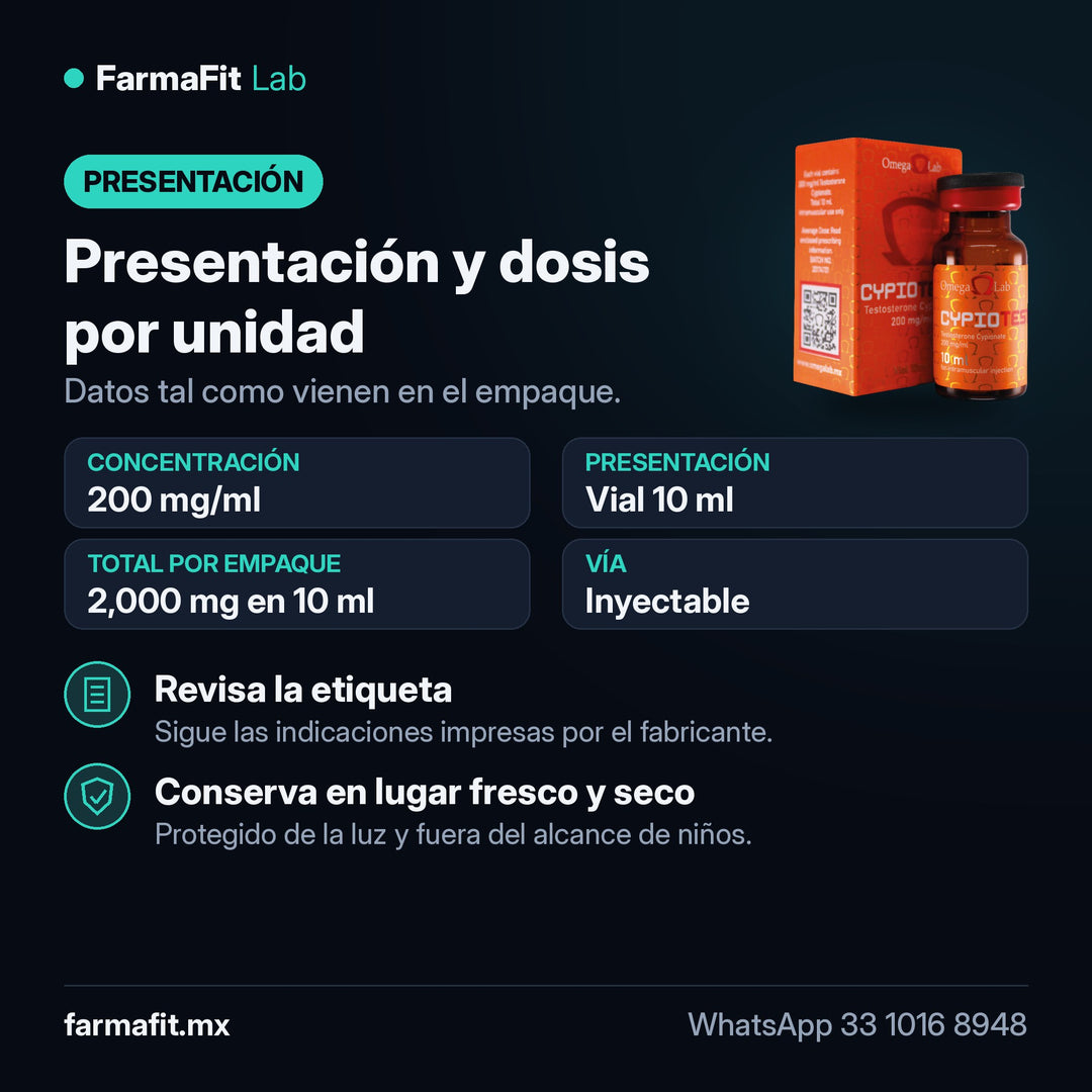 Presentación y dosis por unidad: Cipionato de Testosterona 200 mg/ml Cypio-Test Vial 10 ml - OMEGA LAB