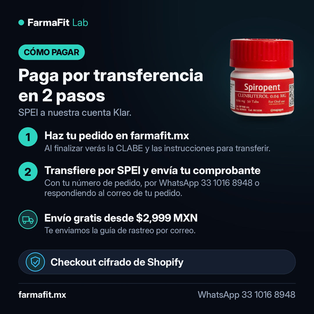 Cómo pagar por transferencia SPEI: Clenbuterol 0.04mg Spiropent 50 Tabs - ROTTERDAM PHARMACEUTICAL – FarmaFit