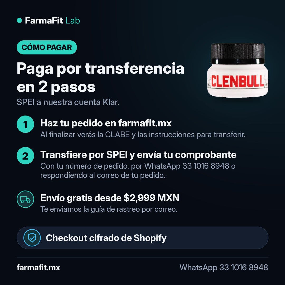 Cómo pagar por transferencia SPEI: Clenbuterol 25 mcg Clenbull 100 Tabletas - BULL PHARMA – FarmaFit