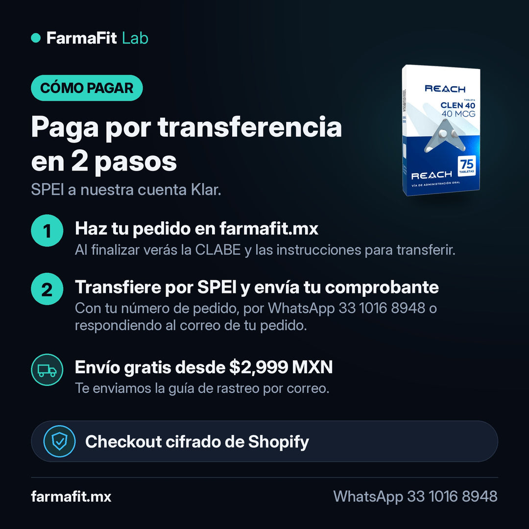 Cómo pagar por transferencia SPEI: Clenbuterol 40 mcg Clen 40 75 Tabletas - REACH PHARMACEUTICAL – FarmaFit