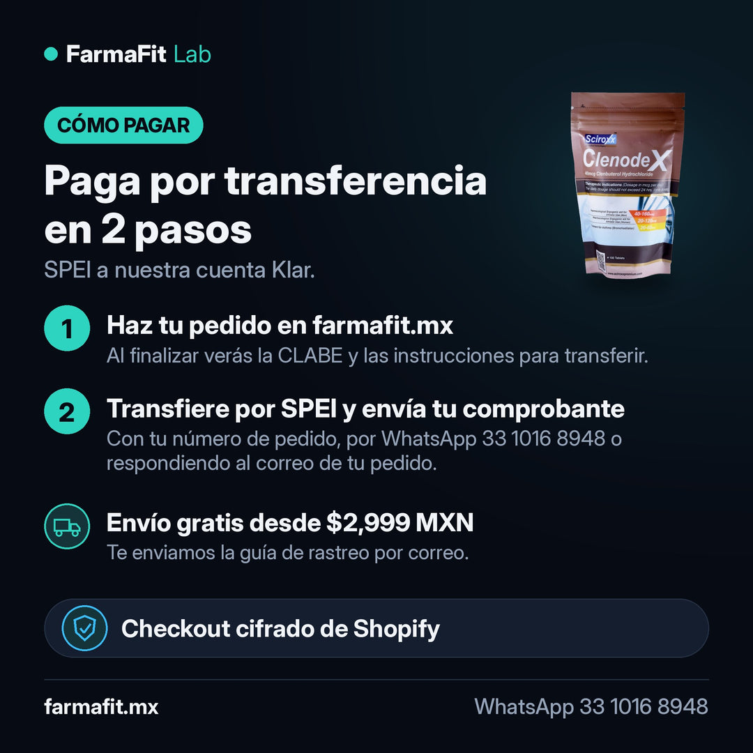 Cómo pagar por transferencia SPEI: Clenbuterol 40 mcg Clenodex 100 Tabletas - SCIROXX – FarmaFit