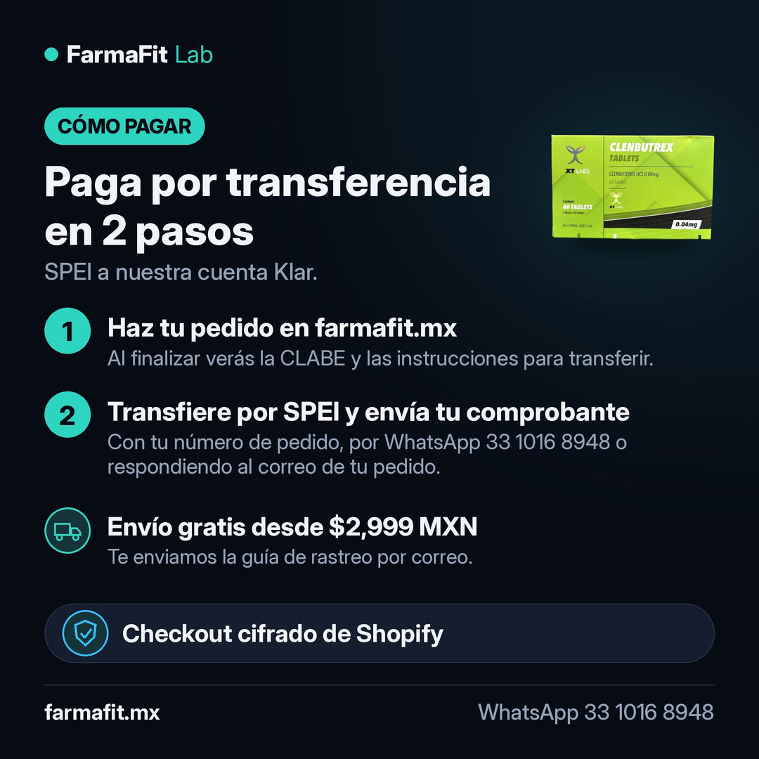 Cómo pagar por transferencia SPEI: Clenbuterol 40mcg Clenbutrex 60 Tabs - XT LABS – FarmaFit