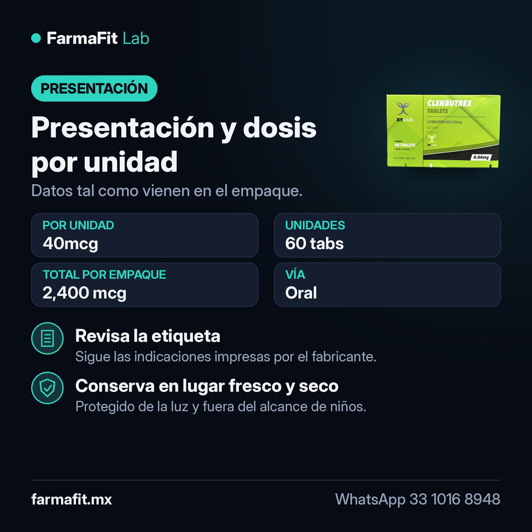 Presentación y dosis por unidad: Clenbuterol 40mcg Clenbutrex 60 Tabs - XT LABS