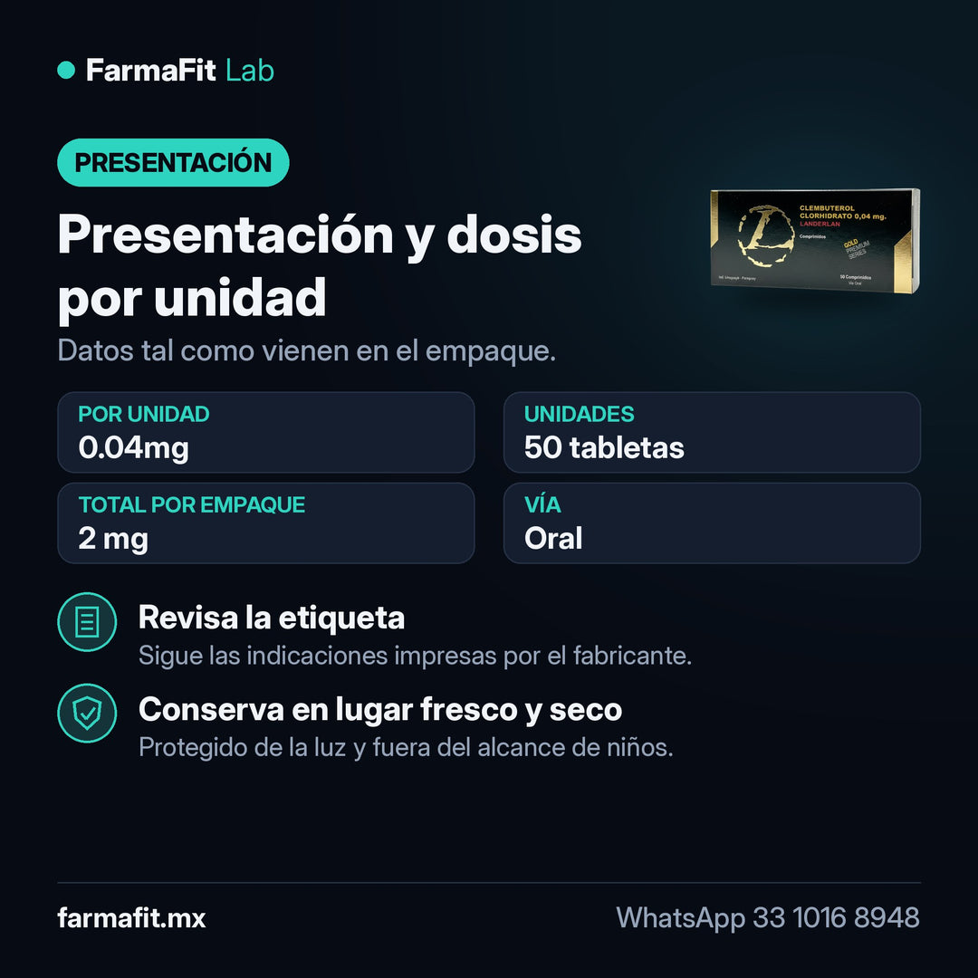 Presentación y dosis por unidad: Clenbuterol Clorhidrato 0.04mg 50 Tabletas - LANDERLAN