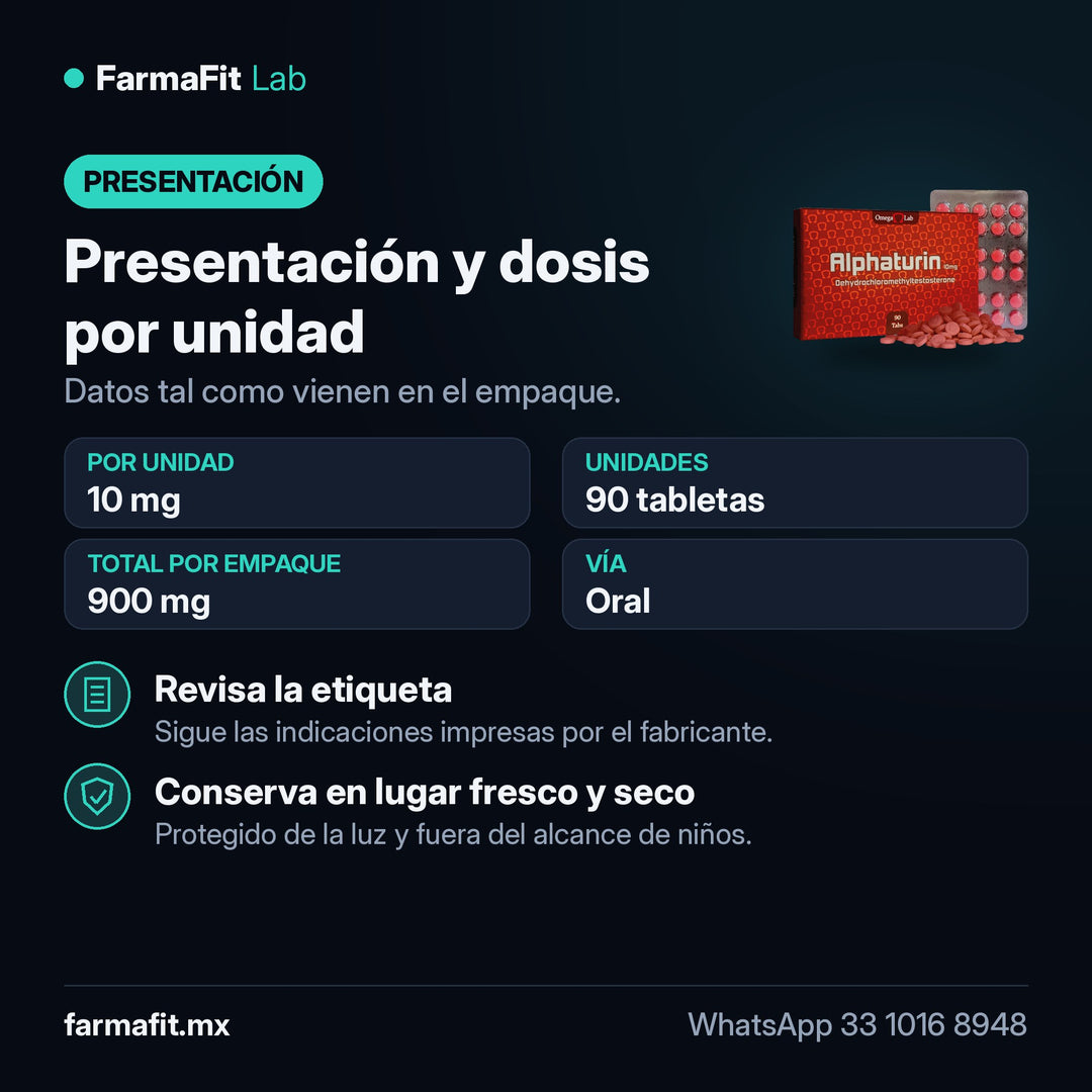 Presentación y dosis por unidad: Clorodehidrometiltestosterona 10 mg Alphaturin 90 Tabletas - OMEGA LAB