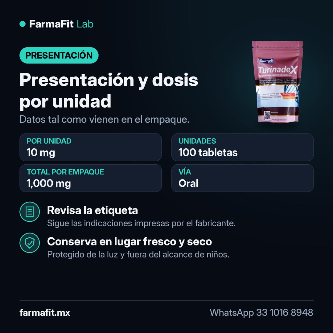 Presentación y dosis por unidad: Clorodehidrometiltestosterona 10 mg Turinadex 100 Tabletas - SCIROXX