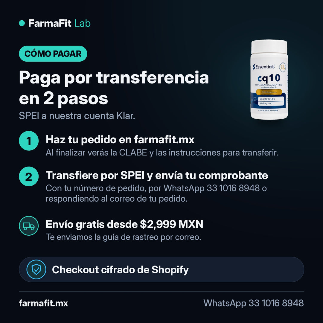 Cómo pagar por transferencia SPEI: Coenzima Q10 400mg 60 Cápsulas - ESSENTIALS – FarmaFit